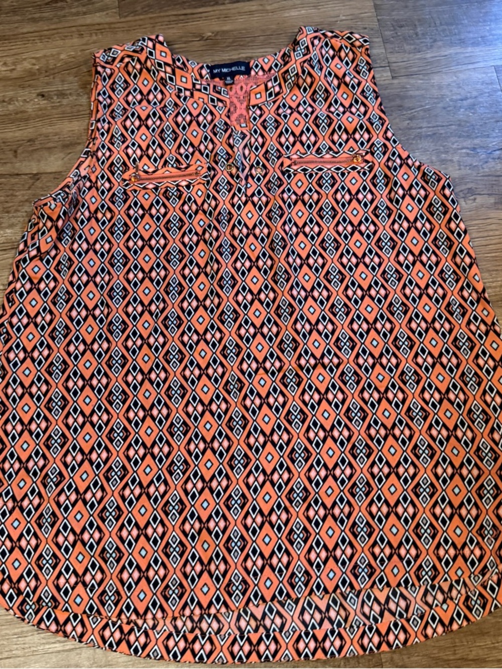 My Michelle Orange Black and White Geometric Sleeveless Top